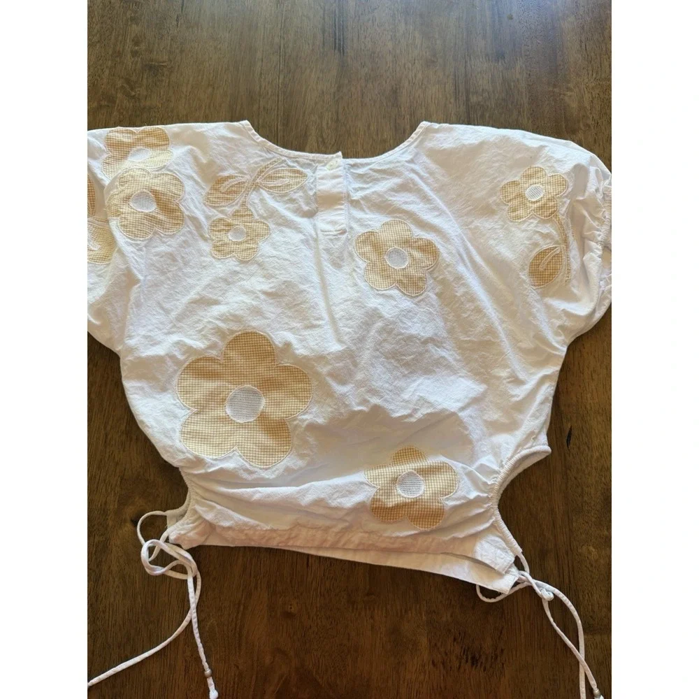 Madewell Gingham Floral Applique Puff Sleeve Drawstring Top White Yellow XXS